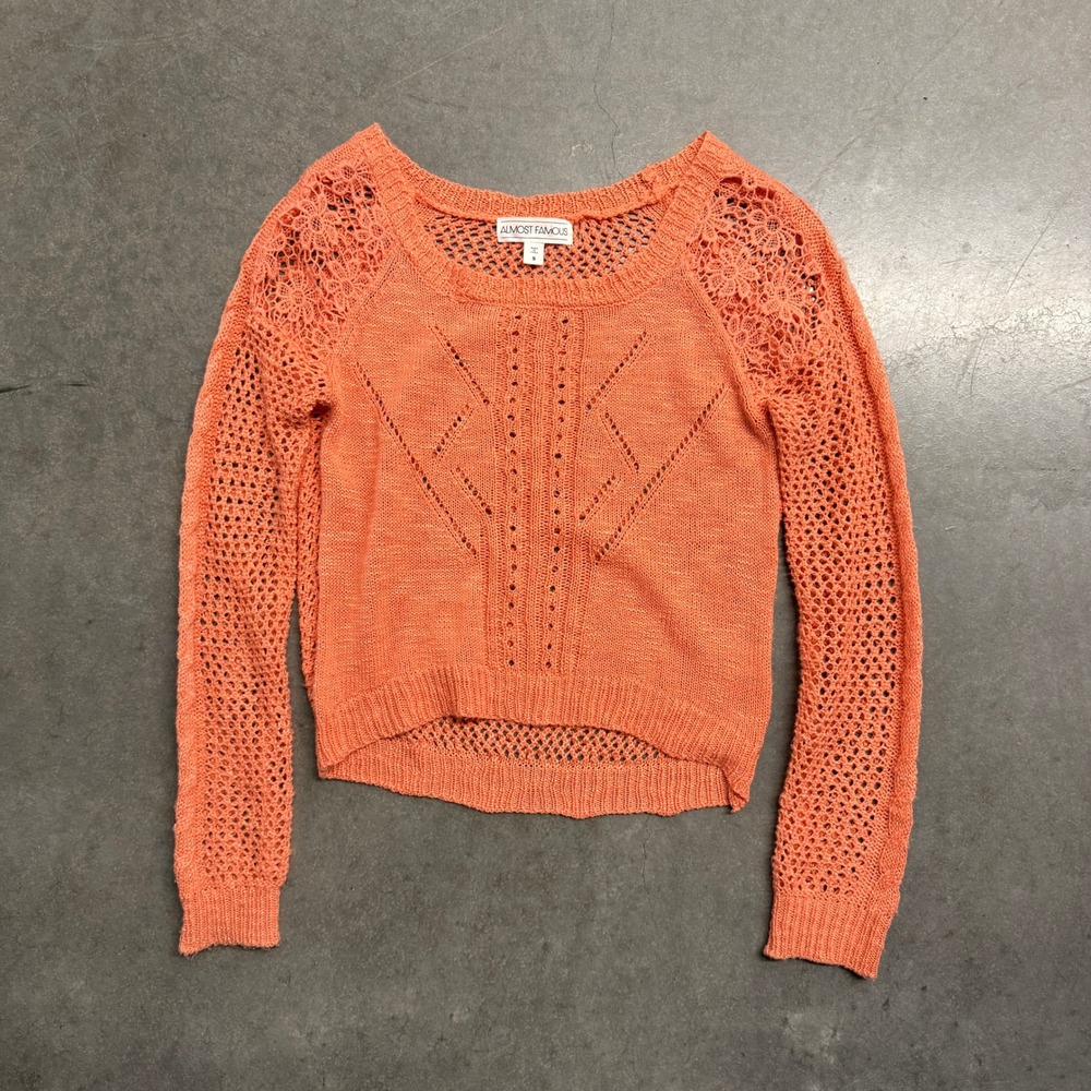 Almost Famous Coral Orange Open Knit Crochet Pointelle Sweater Small